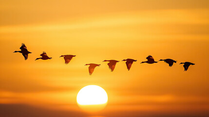 Fototapeta premium Silhouettes of migratory birds flying across a golden sunset, creating a peaceful and majestic scene as they journey to warmer climates.