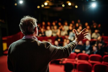Speaker engaging audience in a theater setting with dramatic lighting