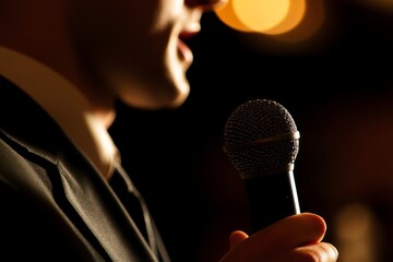 Close-up of singer with microphone in warm lighting at live performance event