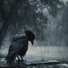 sad crow in the rain