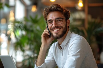 Obraz premium Cheerful young entrepreneur speaking on a phone call, Generative AI