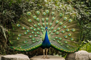 Obraz premium Majestic peacock displaying vibrant plumage in lush natural habitat