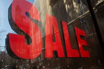 Bright red sale sign on urban storefront reflecting cityscape