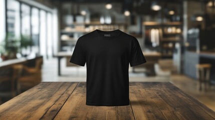 A black t-shirt displayed on a wooden table in a modern interior setting.