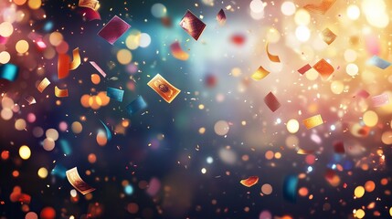 Flying multi-colored lottery tickets and confetti on a background with bright light highlights and bokeh. The photo conveys the atmosphere of celebration, good luck and fun.