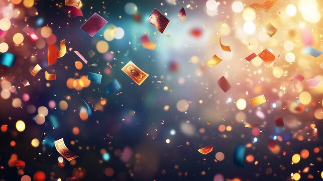 Flying multi-colored lottery tickets and confetti on a background with bright light highlights and bokeh. The photo conveys the atmosphere of celebration, good luck and fun.