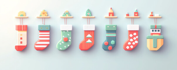 8bit Christmas stockings hanging, pixel art festive design, warm holiday setting, 3D illustration