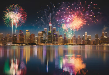 fireworks over the city with a river