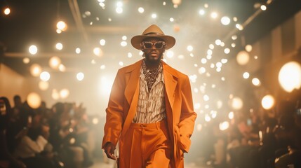 Striking fashion model showcasing vibrant orange ensemble on runway