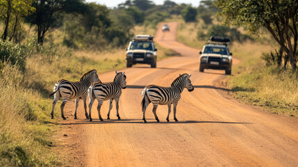Zebras crossing a dirt road in South Africa, with safari vehicles in the background, capturing the excitement of a wildlife encounter on safari.