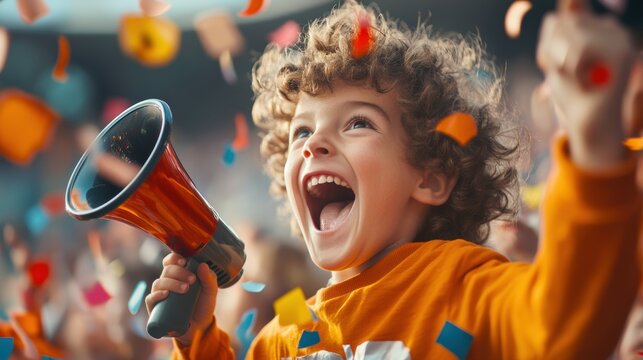 Excited child cheering with a megaphone at a festive event