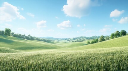 Obraz premium A serene landscape featuring rolling green hills under a blue sky with fluffy clouds.