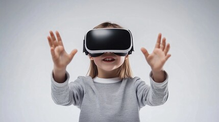 Portrait of kid using virtual reality headset, isolated on white background