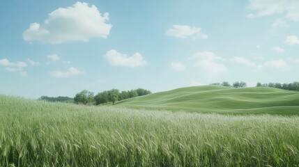 Obraz premium A serene landscape featuring rolling green hills under a clear blue sky with fluffy clouds.