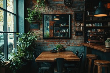 Interior of a Rustic Cafe with Brick Wall and Wooden Table
