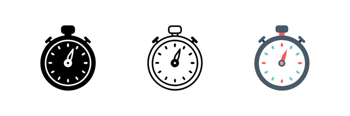 Stopwatch icon set featuring chronometer and timer designs. Simple stopwatch logo isolated on a white background. Clean and versatile vector illustration, perfect for time-related projects