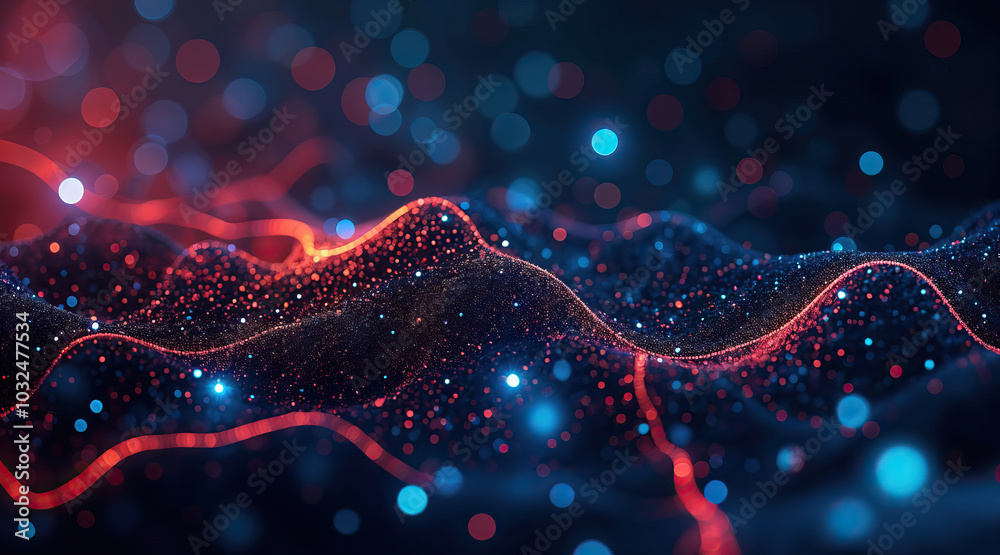 Aufkleber glowing red and blue particle wave flow digital data stream visualizing futuristic technology communications with dynamic energy lines motion effects