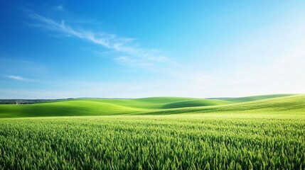 Fototapeta premium A serene landscape featuring rolling green hills under a clear blue sky.