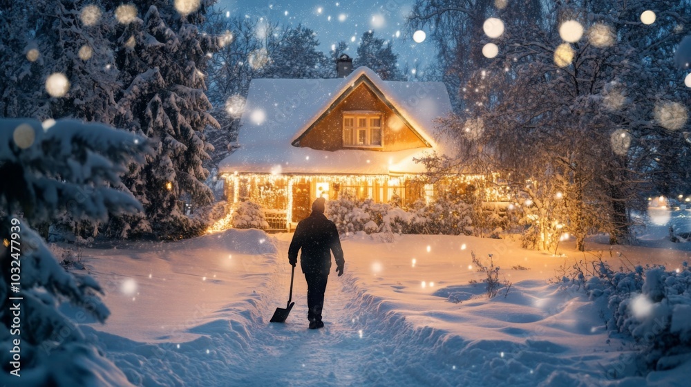 Aufkleber A man is clearing the snow-covered path in front of a charming house adorned with warm lights. The evening sky is filled with falling snowflakes, creating a magical winter atmosphere.