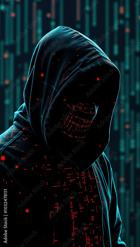 Poster hooded dark hat hacker figure in dark clothing with shadowed face hacking concept against digital matrix background cybercrime anonymity data breaches cybersecurity threats vertical format