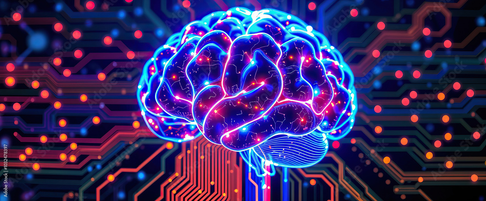 Poster neon brain illustration with glowing neural circuits on tech circuit board background symbolizing artificial intelligence innovation machine learning futuristic computing