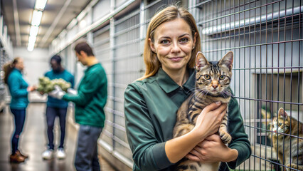 Animal shelter workers providing care with joy while holding a cat in a pet-friendly environment
