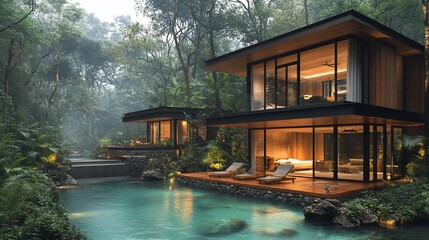 Obraz premium Modern house with pool in a lush tropical forest.