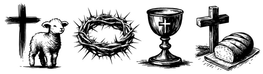 religious icons drawing christianity and church, lamb of God holding cross, crown of thorns, eucharistic chalice © Luka