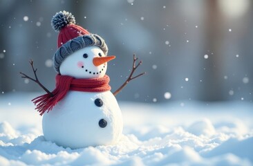 Fototapeta premium Merry christmas and happy new year greeting card with copy-space.Happy snowman standing in winter landscape.Snow background