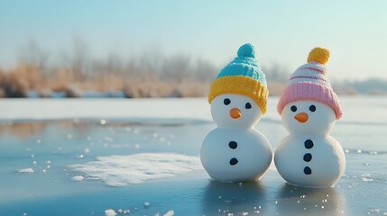 Obraz premium Charming Clay Snowmen Standing on Frozen Lake in Serene Winter Landscape