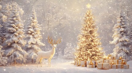 Fototapeta premium Enchanting Snowy Winter Wonderland with Reindeer and Twinkling Christmas Tree