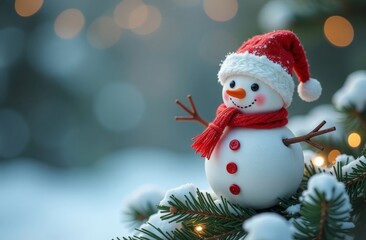Merry christmas and happy new year greeting card with copy-space.Happy snowman standing in winter landscape.Snow background