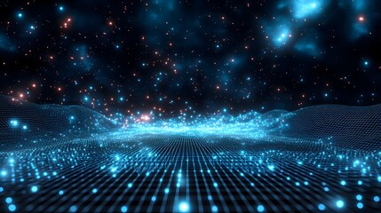 Futuristic Blue Grid Background with Glowing Stars and Wireframe Landscape