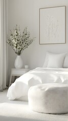 a modern room where all the elements are the same white color in: white walls, a white minimalist bed with white cotton sateen bed linen, white posters on the walls, white ottoman near the bed.