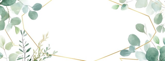 Obraz premium Watercolor greenery frame with gold lines.