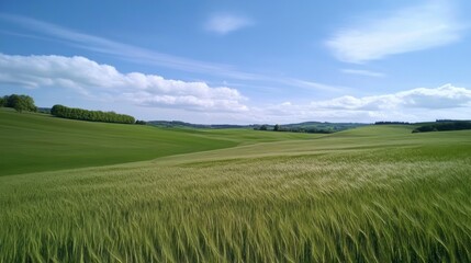 A serene landscape of green fields under a blue sky with fluffy clouds.