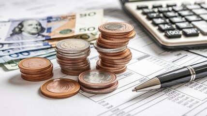 Coins and banknotes on financial documents with a calculator and pen.