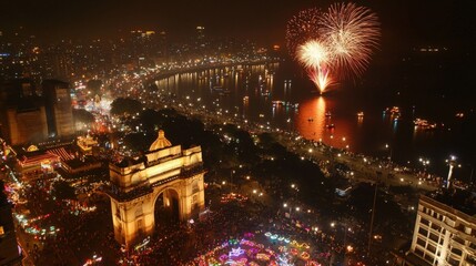 Festive fireworks light up mumbai's gateway of india at night