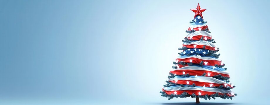 Festive Christmas tree adorned with colorful decorations on a soft blue background.