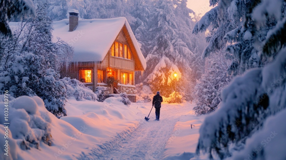Poster a person clears snow from the path in front of a cozy cabin illuminated by warm light, surrounded by