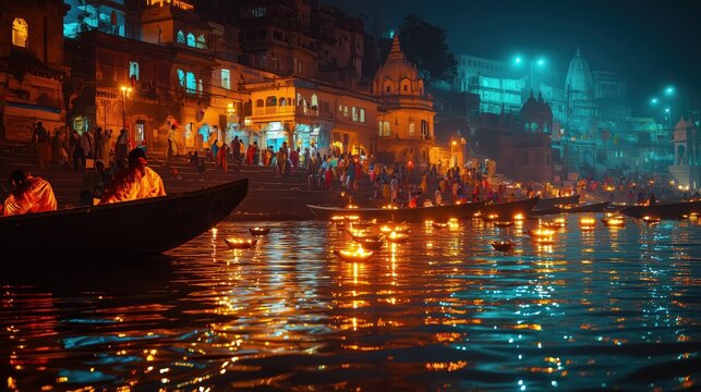 Ganges river night ceremony with illuminated boats and reflections in varanasi