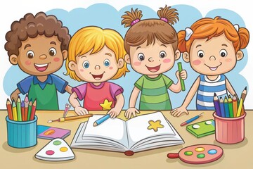 Children drawing with pencils. Illustration, smiling children have decorated the decoration and...