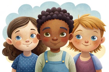 This illustration shows three happy children representing different races and nationalities.