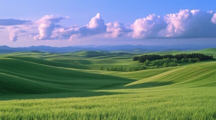 Obraz premium A serene landscape of rolling green hills under a blue sky with fluffy clouds.