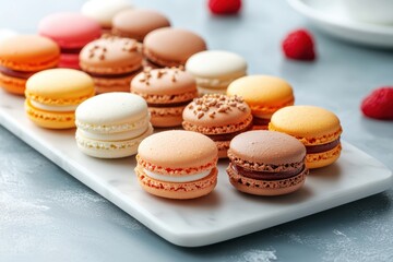 Obraz premium Colorful french macarons resting on a marble tray