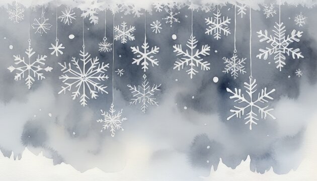 Delicate watercolor nowflakes cascade through the air, creating a tranquil atmosphere against a muted gray backdrop, embodying the essence of winter's beauty and calmness