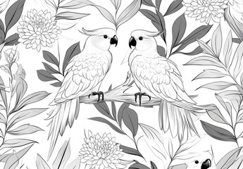 Obraz premium Tropical Parrots and Flowers in Monochrome