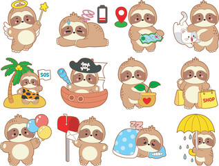 Cute sloth vector icon. Funny baby sloth animal series stock illustration. Slow life of fluffy sloth designs.