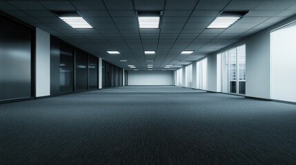 An empty, dimly lit office space with a carpeted floor, a suspended ceiling with fluorescent lights, and large windows overlooking a cityscape