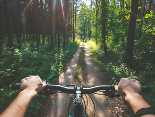Riding bicycle through lush forest trail, surrounded by vibrant greenery and sunlight filtering through trees, creates sense of adventure and freedom